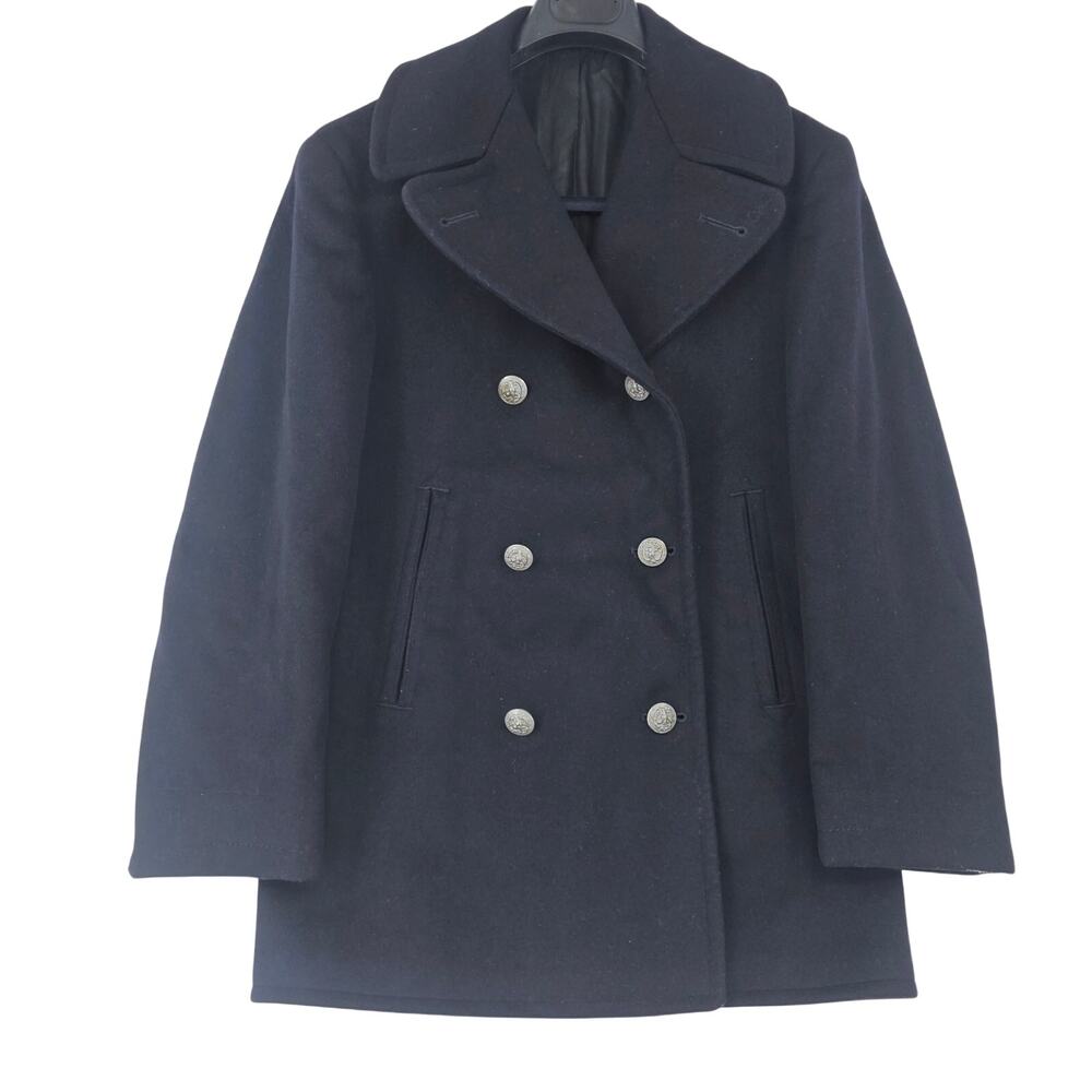 Vintage Navy Vi- Mil Double Breasted Black Wool Pea Coat Jacket Men's 34R 3885